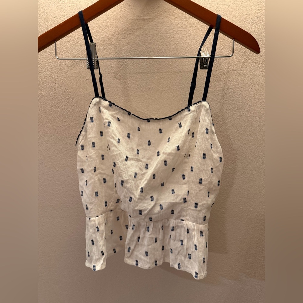 B.O.G Collective‎ White Blue Ikat Peplum Camisole Top with Tassel Back Small